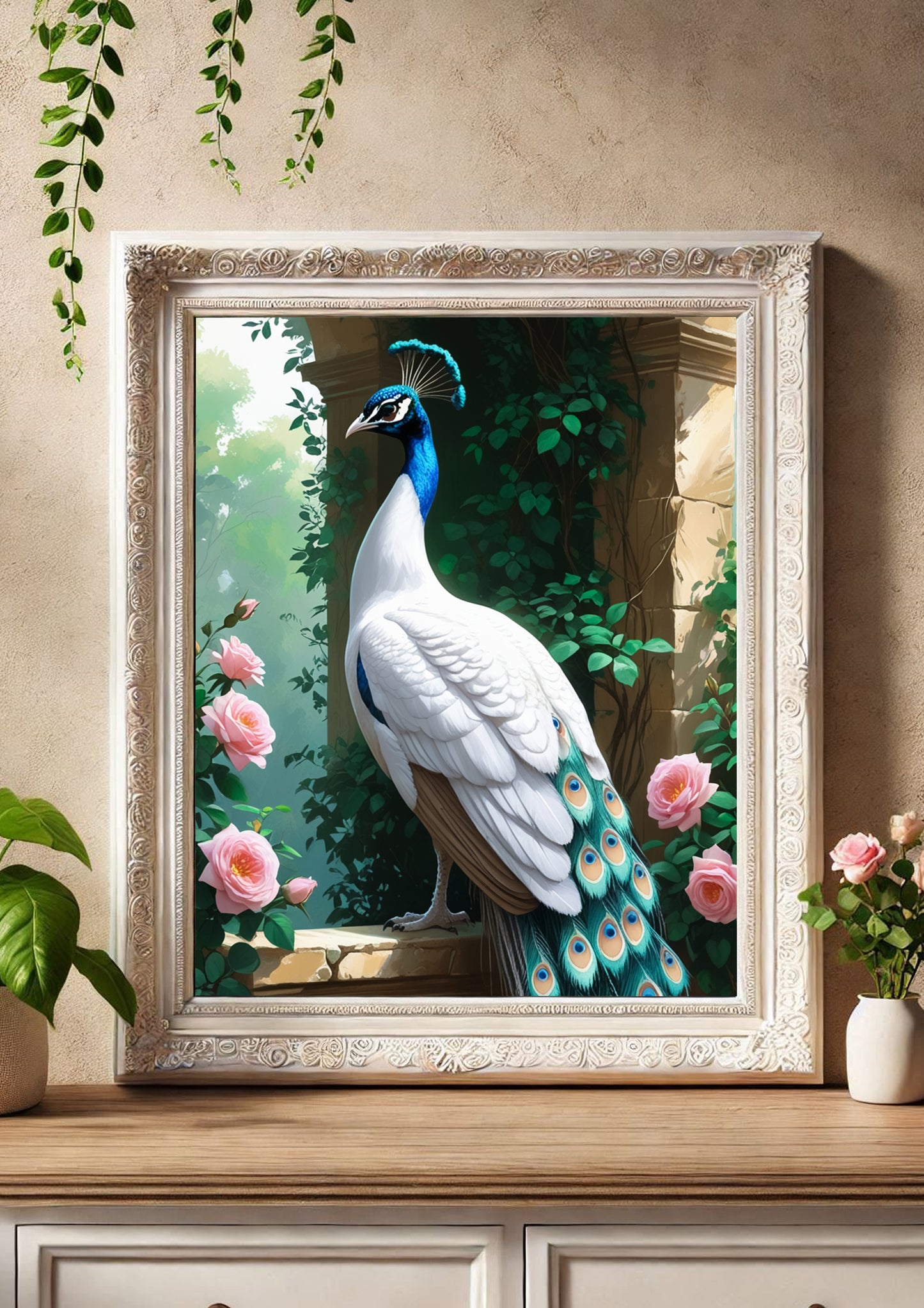 White Peacock Wall Art - High-Resolution Vastu-Friendly Downloadable Print