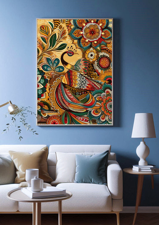 Golden Peacock Symphony - Mandala Digital Print for Home Decor